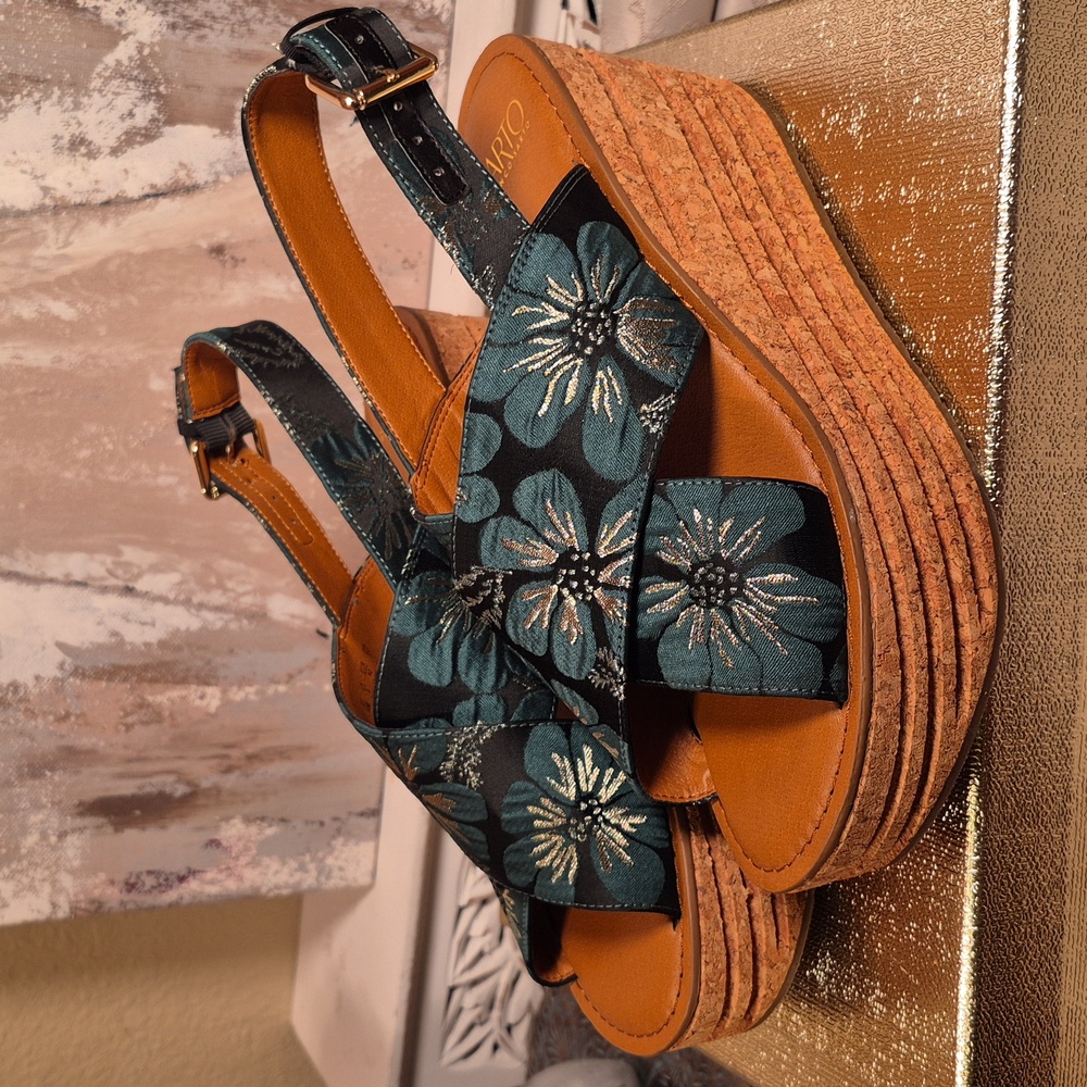 Franco Sarto Caroline Platform Wedge Sandal - Green and Gold Brocade